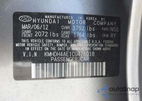 2012 Hyundai Elantra Limited (Ulsan Plant) from USA, damaged, VIN KMHDH4AE1CU476018
